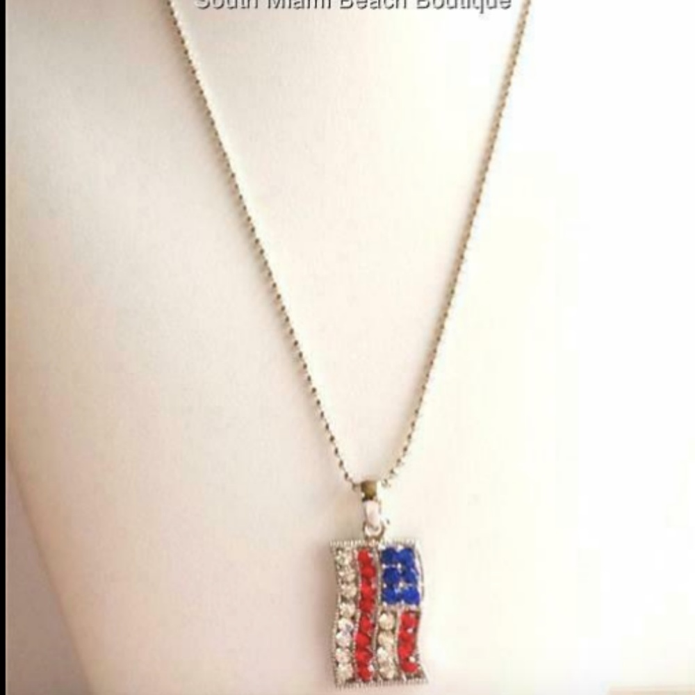 Silver American Flag Necklace Crystal Patriotic - Picture 3 of 8